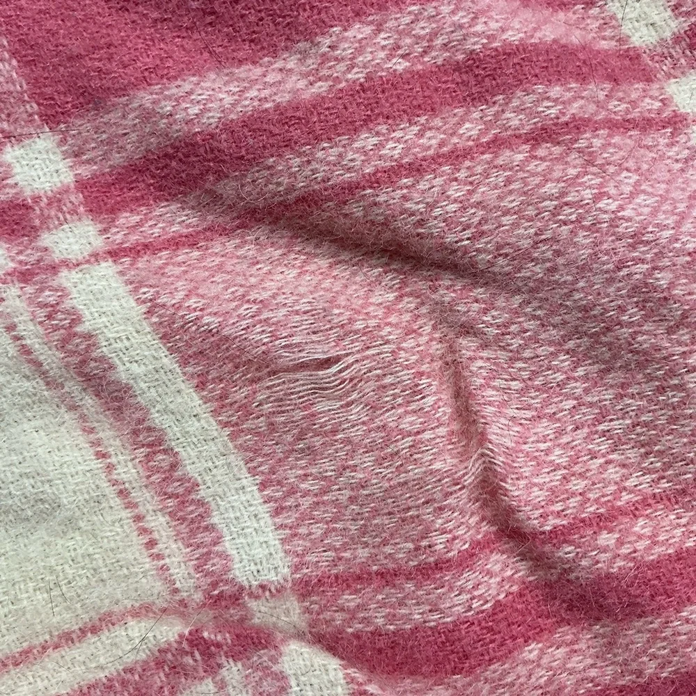 Vintage pink and cream reversible plaid soft wool blanket 72x77